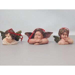 Set Of 3 Resin Angel‎ Cherub Ornaments With Green Wings & Red Ribbon Hangers